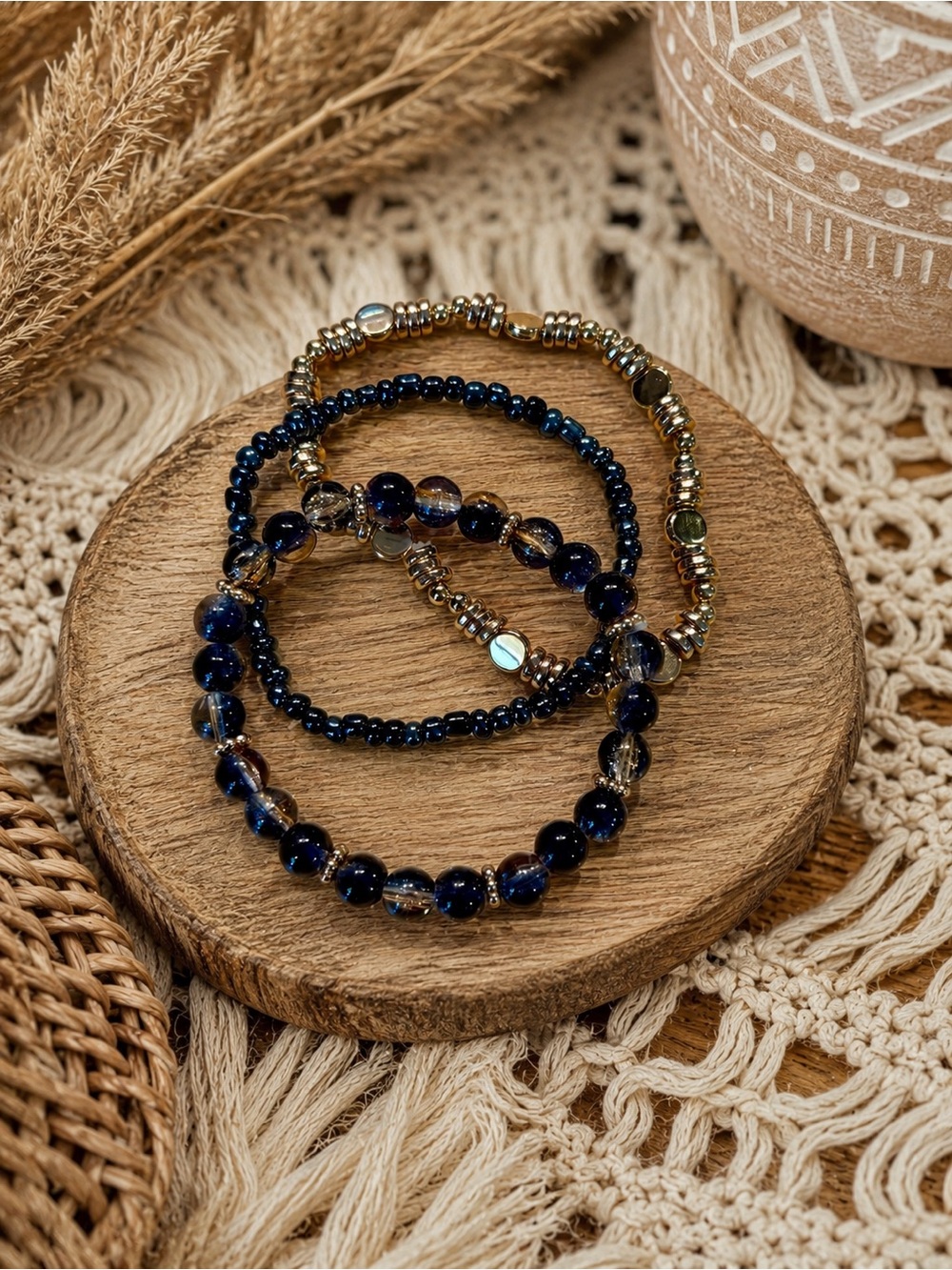 Handmade Navy and Gold Beaded Stretch Bracelet Set